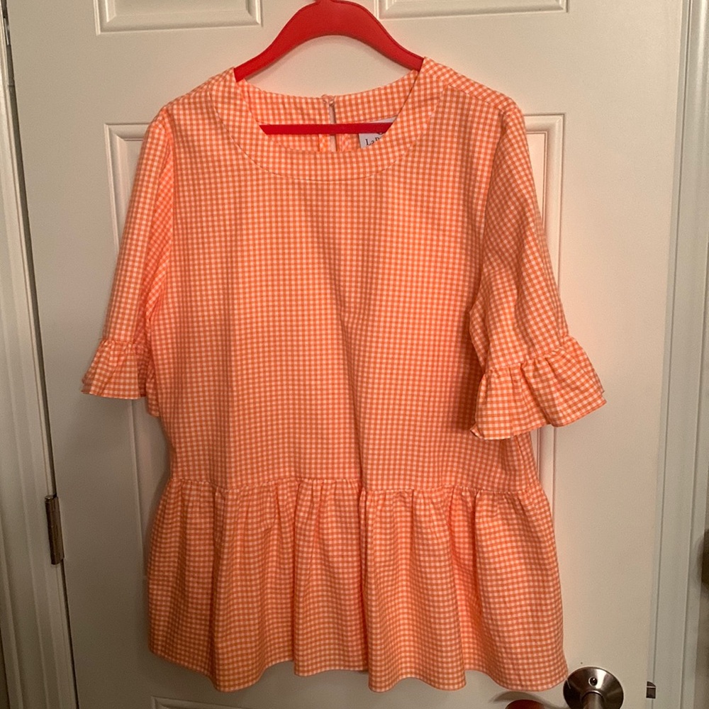 LaRoque orange/white cotton check ruffle blouse. Size L